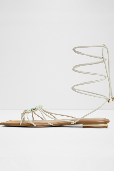 Aldo Nırena - Kadın Suni Deri Beyaz-Ekru Bağcıklı Düz Sandalet