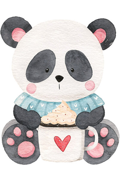 Reysa Tasarım Creamy Coffee Holding Blue Sweater Panda Wall Sticker