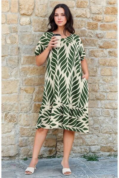 Burcumay Women's Patterned Khaki Green Short Sleeve Pocket Ruffle Plus Size Dress Viscose Summer Vacation Dress