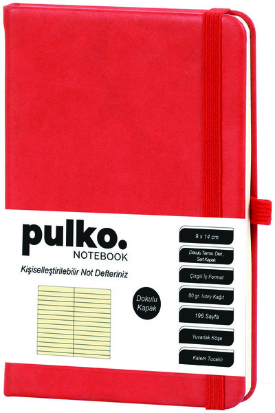 PULKO Notebook Not Defteri, (9x14cm), Termo Deri, Dokulu Sert Kapak, 196 Sayfa, Çizgili, 036,Kırmızı