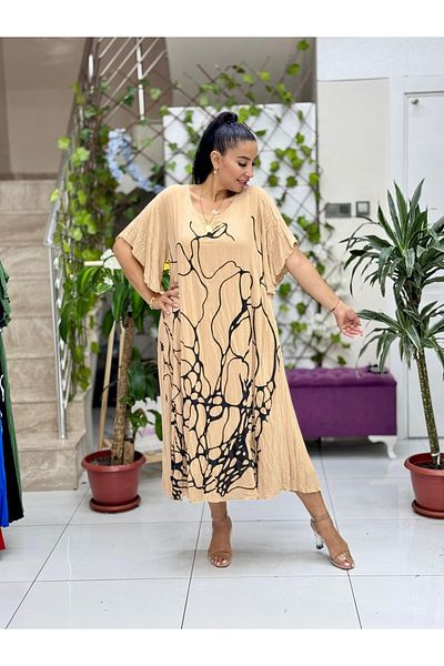 Punta Otantik Vl2110 Printed Half Sleeve Voile Dress Camel