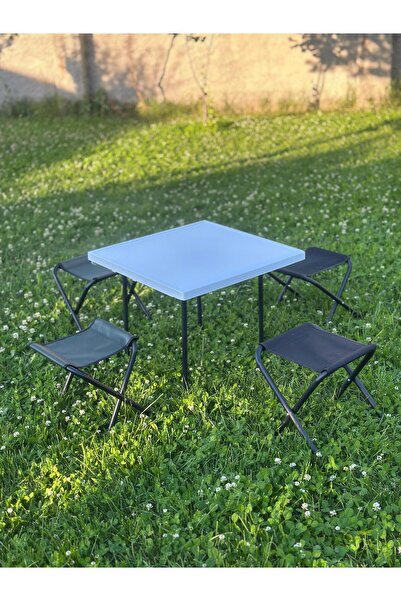 GÖKBAŞLAR 60×60 Cm Beyaz Katlanır Masa & Sandalye – Balkon, Bahçe, Kamp & Piknik Masası & Tabure Seti 4lü