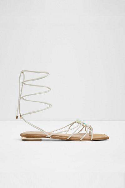 Aldo Nırena - Women's Faux Leather White-Ecru Lace-Up Flat Sandals