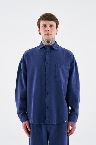 Machinist Men's Effected Washed Basic Long Sleeve Midnight Blue Shirt
