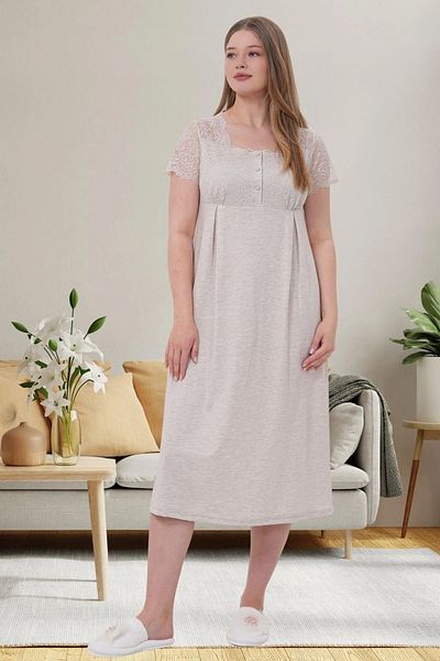 Mecit Pijama Maternity Guipure Detailed Short Sleeve Maternity Nightgown 75% Cotton 25% Viscose
