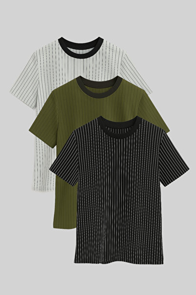 FATELLA Men's Striped Crew Neck 3-Piece Short Sleeve T-Shirt Gray Khaki Black