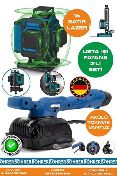 BÖHRER Alman Pro BA01079M 2'li Usta Fayans Seti 16 Satır 360 Derece Lazer Hizalaam + Titreşimli Kademeli Fa