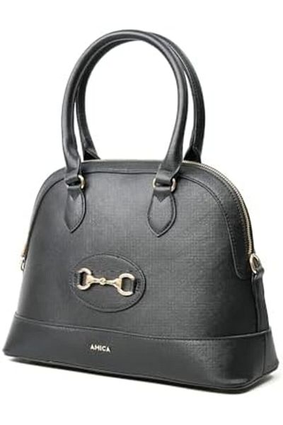 AMICA Evita Women's Dome Shaped Satchel Black Handbag with Detachable Shoulder Strap