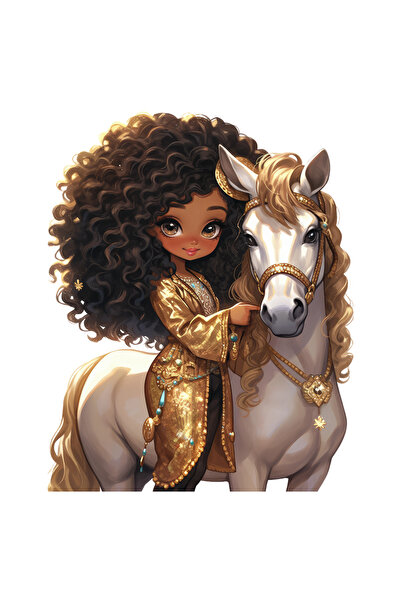 Reysa Tasarım Beyaz Atlı Altın Elbiseli Kıvırcık Saçlı Kız Duvar Stickerı