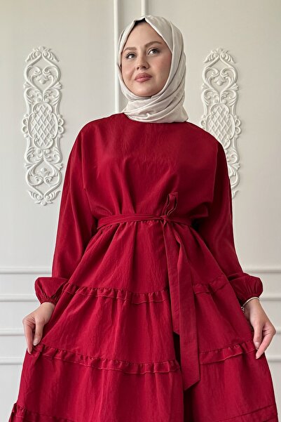 InStyle Skirt Layer Ruffle Detail Modal Burgundy Dress