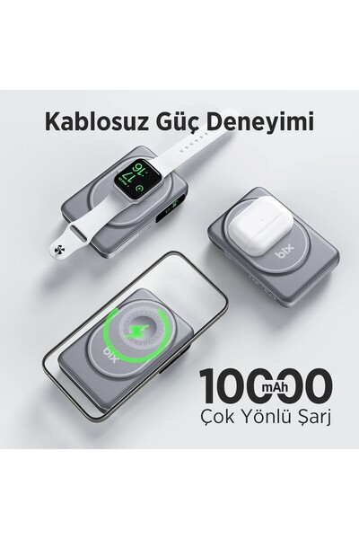 Bix Tpb16 10.000 Mah Oled Ekranlı Manyetik Kablosuz Powerbank 20w Pd Hızlı Şarj Ve 15w Magsafe Gri