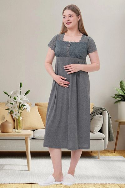 By Mecit Pijama Нощница за бременни с гипюр и детайли, къс ръкав, 75% памук, 25% вискоза