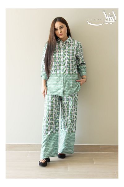 LINELLE Ladies Co-ord Pant Set- Printed Shirt and Pant with Long Sleeves.