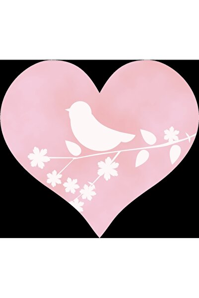 Reysa Tasarım Pink Heart Wall Sticker with Bird and Flower Silhouette