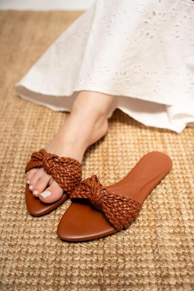 LamintaGlobal Mi̇ri̇m Taba Knitted Detail Women's Slippers