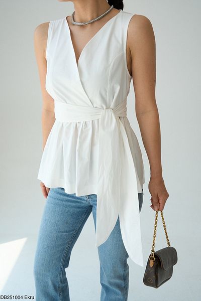 Qu Style Sleeveless Tie Detail Poplin Blouse White
