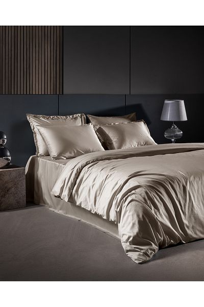 Madame Coco Thalie King Size 100% Cotton Striped - 300Tc Satin Duvet Cover Set - Beige
