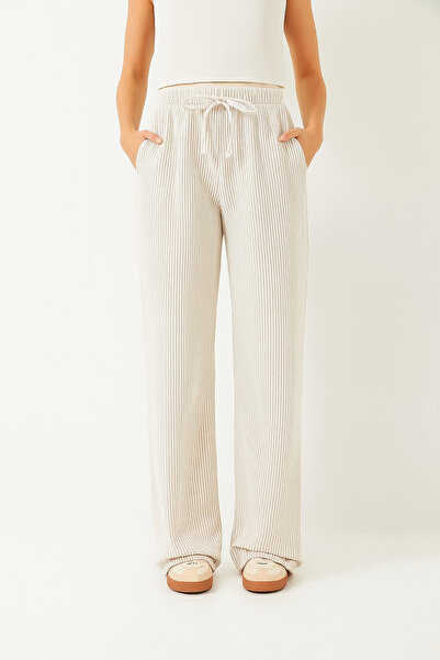 BELISTIL Butter Yellow/Sarı Beli Lastikli Çizgili Esnek Kadın Pantolon