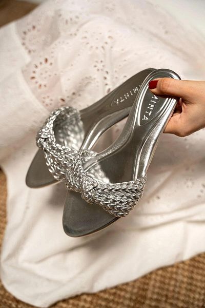 LamintaGlobal Mi̇ri̇m Silver Knitted Detail Women's Slippers