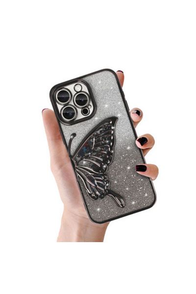 Gtech Husa Eleganta Glitter pentru Apple iPhone 11, model fluture in relief, margine metalizata, Negru