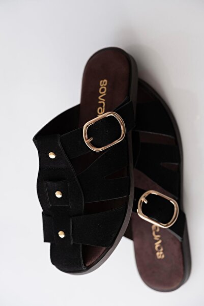sovrana Belt Detailed Slippers Black Suede