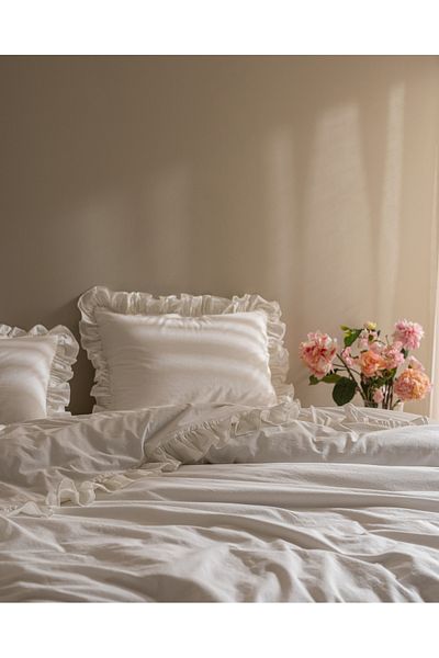 Madame Coco Obernai King Size 100% Cotton Ruffled Plain Washable Duvet Cover Set - White
