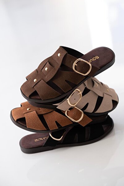 sovrana Belt Detailed Slippers Black Suede