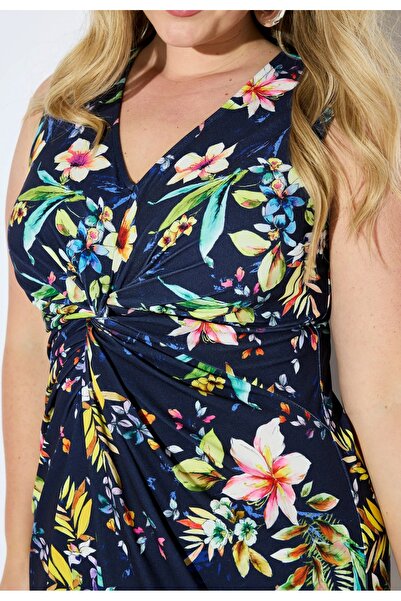 Şans Kadın Büyük Beden Lacivert, Drapeli V Yaka, Çiçek Desenli Elbise 65N38982