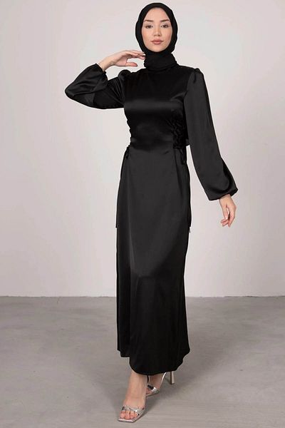 Tesettür Diyarı Γυναικείο Βραδινό Φόρεμα Σατέν Hijab με Σταυρό Πλαϊνό - Μαύρο