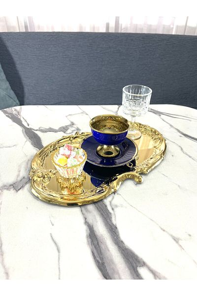 Aslı Hediyelik 6 Pieces Gold Stainless Steel Artnova Tea, Coffee, Treats and Dowry Presentation Tray