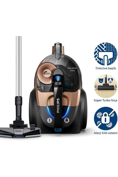 Philips PowerCyclone 8Toz Torbasız Süpürge , Turbo Fırça, Siyah Ve Bakır