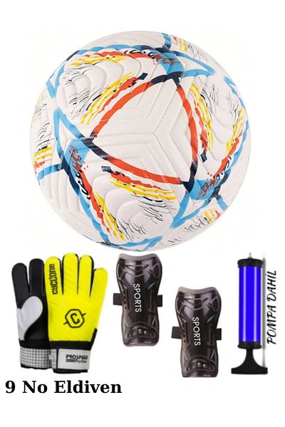 Janissary Football Set of 4 No 9 Goalkeeper Gloves + World Cup Design Soccer Ball, + Shin Pads + Pump Set