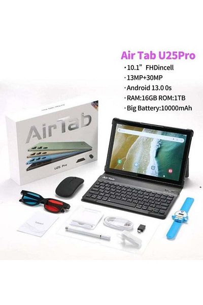 AİRTAB تابلت AirTab U25 Pro مع لوحة مفاتيح عربية، أندرويد 13، شاشة FHD 10.1 بوصة، ذاكرة وصول عشوائي 16 جيجابايت، ذاكرة قراءة فقط 1 تيرابايت - مع Power