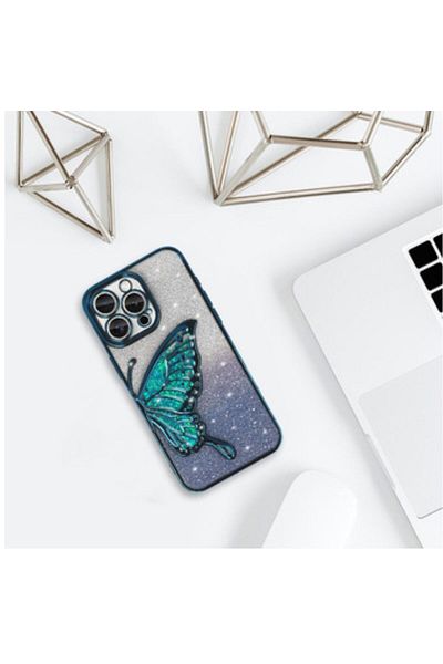 Gtech Elegant Glitter Case - Compatible with Apple iPhone 14, three-dimensional butterfly model, Blue