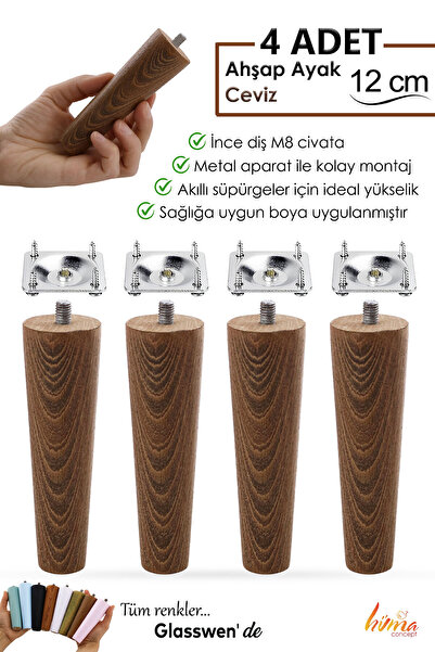 GLASWEN 4 bucăți picioare din lemn 12 cm nuc cu șuruburi M8 cu accesorii de conectare pentru dulap mobilă scaun picior de susținere pentru canapea