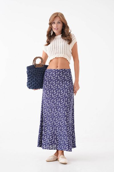 Saade Navy Blue Floral A-Line Patterned Midi Woven Skirt