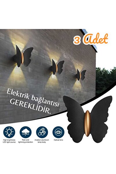 fullreyon 3 Adet Elektrikle Çalışır, 6 Watt Amber Işık Ledli Kelebek Duvar Aplik İç ve Dış Mekan IP65 Aplik