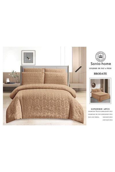 sonia home damasc Embroidered Cotton Bed Linen, Geometric Design, 6 Pieces - Sonia Home Design - Brown