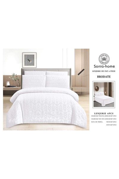 sonia home damasc Embroidered Cotton Bed Linen, Geometric Design, 6 Pieces - Sonia Home Design - White