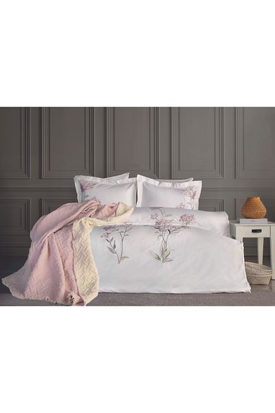 Dantela Lavinya Embroidered Duvet Cover & Bedspread Set - Powder
