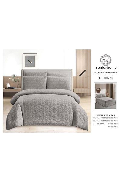 sonia home damasc Embroidered Cotton Bed Linen, Geometric Design, 6 Pieces - Sonia Home Design - Gray