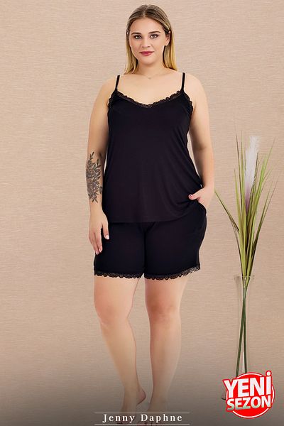 Jenny Daphne Lady Plus Size Black Color Thin Strap Lace Shorts Pajamas Set 10445