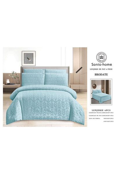 sonia home damasc Embroidered Cotton Bed Linen, Geometric Design, 6 Pieces - Sonia Home Design - Blue
