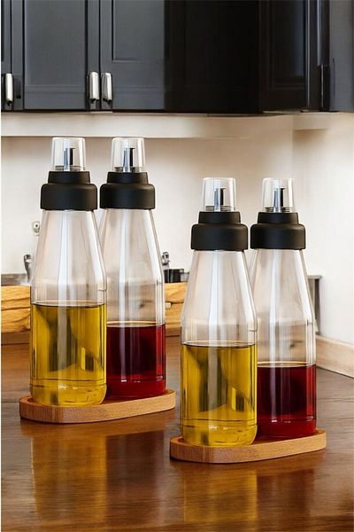 Bayev 6 Piece Large Size Sippy-Free Oil Pot Smart Wooden Stand Glass Oil Set - 720 ml