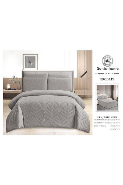sonia home damasc Embroidered Cotton Bed Linen, Herringbone Design, 6 Pieces - Sonia Home Design - Gray