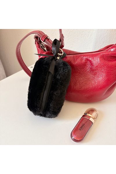 PİNKUE Black Plush Feather Wallet/ Keychain/ Bag Charm