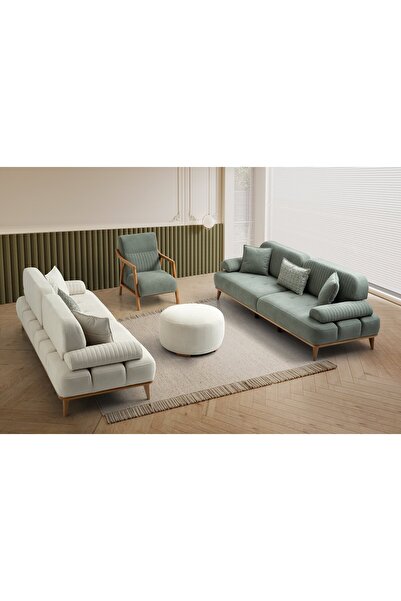 Yuvaset Home Tera Ahşap Ayaklı Beyaz 3 lü Kanepe