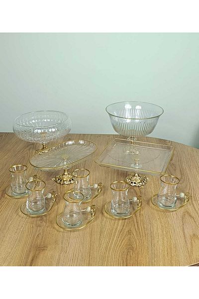 Elta Collection Pasabahce Gold Detailed Metal Leg Presentation and Service Set Cake, Magnolia, Tea Set, Cookie Holder