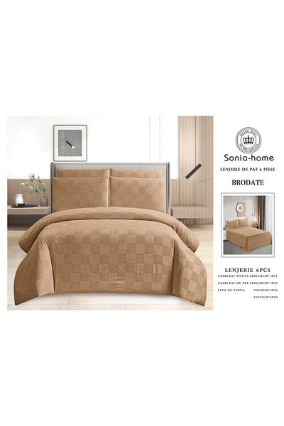sonia home damasc Embroidered Cotton Bed Linen, Square Design, 6 Pieces - Sonia Home Design - Brown