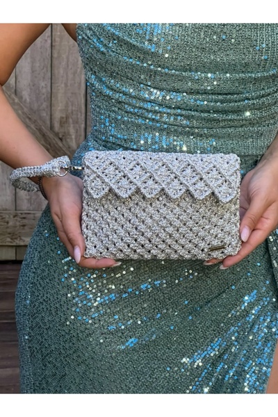 Love Macrame Clutch & Portföy, Kadın El Çantası, Gümüş Makrome El Çantası, Cl...